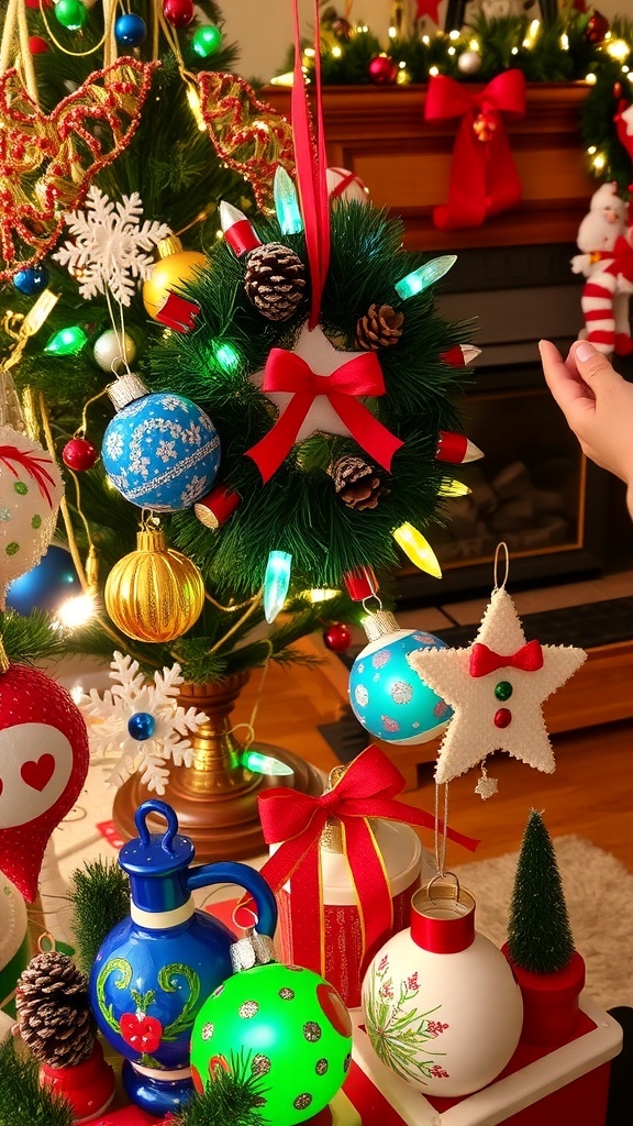 A collection of easy-to-make Christmas decorations including ornaments, a wreath, and LED lights in a festive setting.